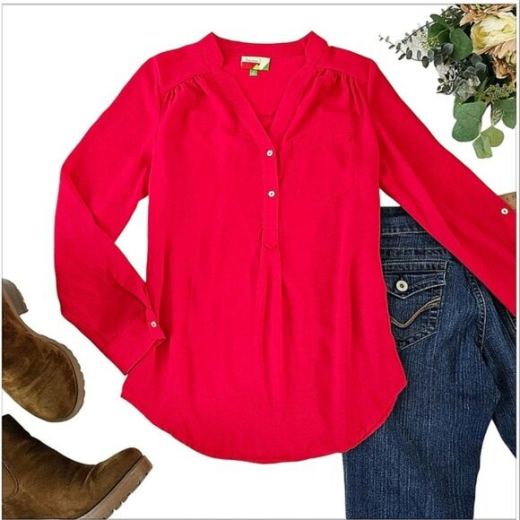 Fervour Women's Blouse Size Small Red Relaxed Fit Lightweight Flowy Long Sleeves - Picture 13 of 13